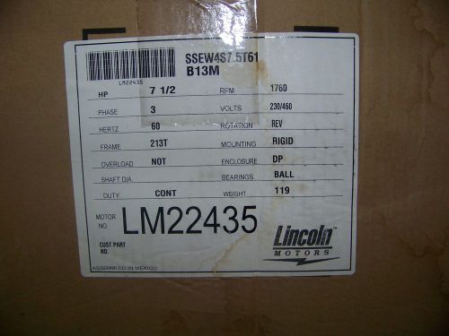 Lincoln Wet Link Wash-Thru Motor 7 1/2 HP 3 Phase 60 Hz 213T Frame # LM22435