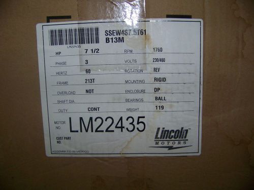 Lincoln wet link wash-thru motor 7 1/2 hp 3 phase 60 hz 213t frame # lm22435 for sale