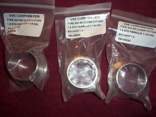 Lot of 3 sanitary stainless steel long(oal 1 1/8&#034;) weld ferrule 1.5&#039;&#039;no reserve&#034; for sale