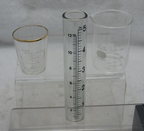 VINTAGE PYREX GLASS BEACKER NO. 1000, GLASS TEST TUBE &amp; GLASS MEASURING CUP