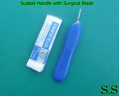 Scalpel Handle # 3 Blue Color With 10 Surgical Blade # 15 Dental Instruments