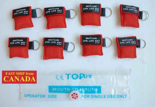 8PCS CPR MASK FACE SHIELD in POUCH w/ KEY CHAIN, 1-way Valve, 2&#034; x 2&#034;, RED