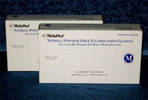 2 LOT 200 Nitrile Examination Gloves Medium Powder Free - Beaded Cuff - ReliaMed