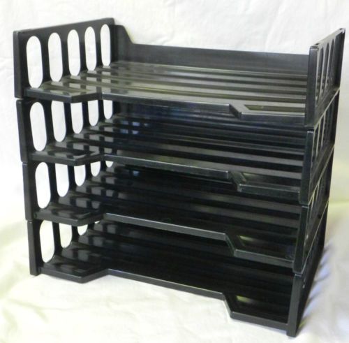 Side Load Letter Desk Tray Four 4 -Tier Plastic Black In - Out Box Office