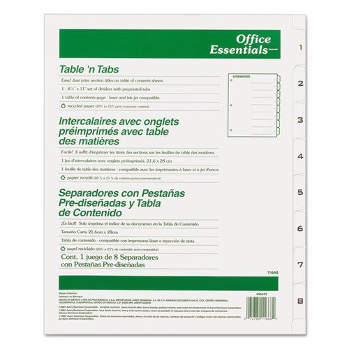 Office Essentials Table &#039;N Tabs Dividers, 8-Tab, 1-8, Letter, White, Set