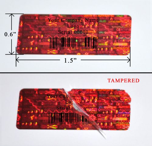 1,000 tamper proof security labels sticker red holograms 1.5&#034; x .6&#034; custom print for sale