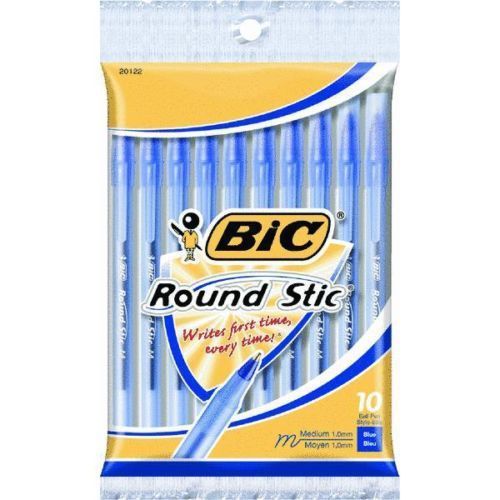 BIC ROUND STIC Medium Point Ballpoint Pens BLUE INK 10 Ct/Pk