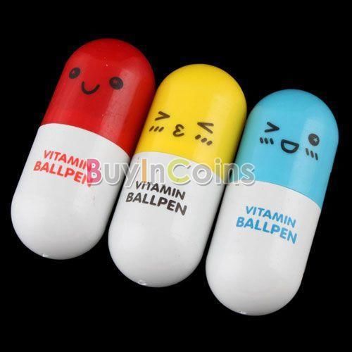 3PCS Stylish Smiling Face Pill Ball Point Pen Capsule Telescopic Vitamin Ballpen