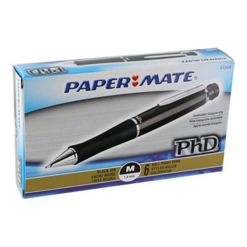 Papermate PhD Ballpoint Pens, Medium Point 1.0mm, Black Barrel, Black Ink, 6/Pac