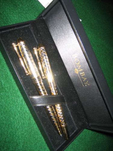 Bombay Executive Rollerball Pen &amp; Pencil Chevron Design Gold, Silver Bamboo Clip