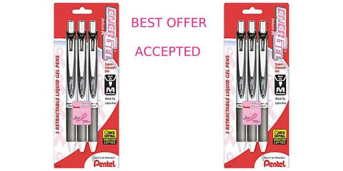 6 Pentel EnerGel Deluxe Blk Barrel Pink Ribbon Retractable Gel-Ink Pens Blk Ink