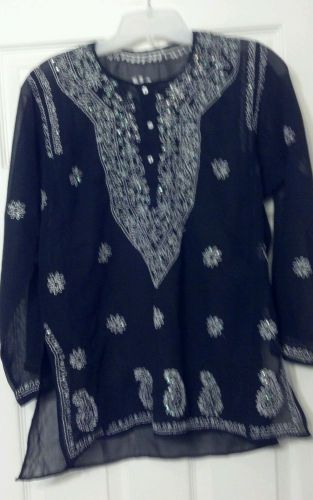 Sequin Embroidered Black Sheer Tunic/Swim Coverup shirt M/L 8/10/12 top caftan