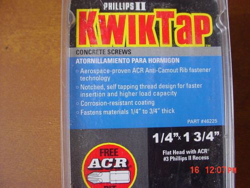 275 new 1/4 x 1 3/4 kwiktap philips flathead concrete anchors with  several bits for sale