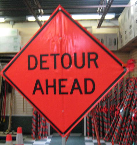 Detour Ahead Sign Fluorescent Vinyl With Ribs 48&#034;x48&#034; Roll Up Sign