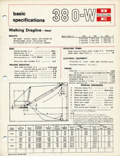 BUCYRUS ERIE SPECIFICATIONS SHEET 380-W GREAT SHAPE