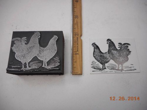 Letterpress Printing Printers Block, Farm Chicken, Rooster &amp; Hen, Fowl, Poultry