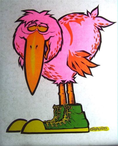 Lot of 12 Vintage 1970&#039;s ROACH Day-Glo Heat Transfers ~ Pink Bird Wearing Shoes