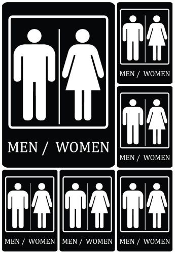 Black Unisex Restroom Signs MEN / WOMEN Set Of 6 Sign Wall Adhesive Strip s103