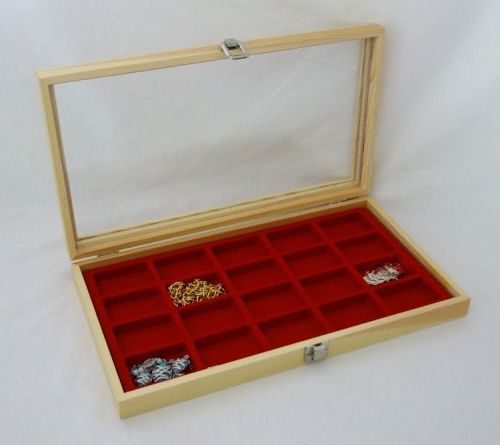 20 SLOT NATURAL WOOD GLASS TOP CASE GREAT EARRINGS AND JEWELRY  RED