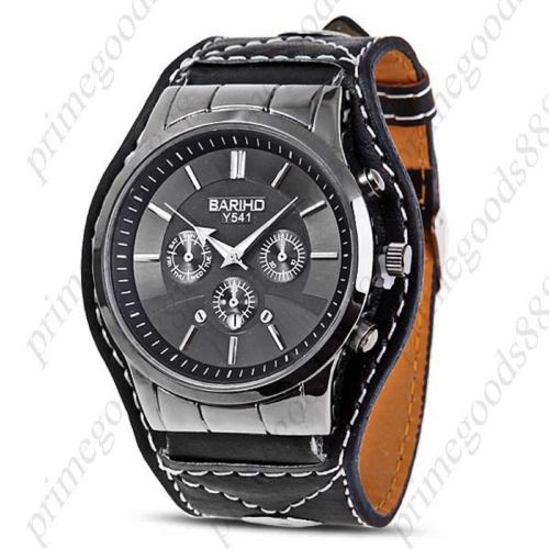 Wide PU Leather Round Quartz Date Analog 3 Sub Dial Wrist Men&#039;s Wristwatch Black