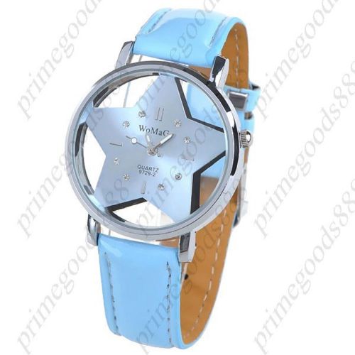 Star Round Synthetic Leather Wrist Quartz Lady Ladies Wristwatch Women&#039;s Blue