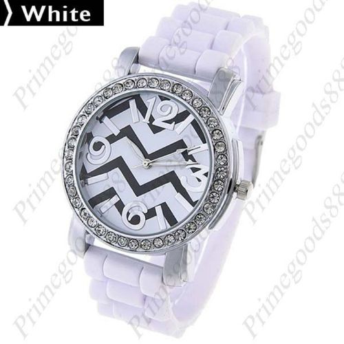 Silicon Band Rhinestone Quartz Wrist Lady Ladies Wristwatch Women&#039;s White