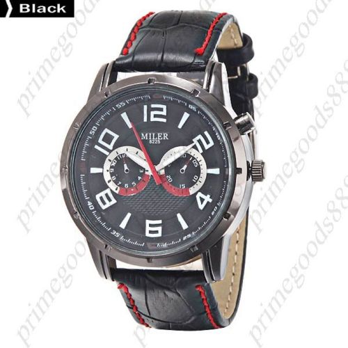 Genuine leather band false sub dials quartz analog men&#039;s wristwatch red black for sale