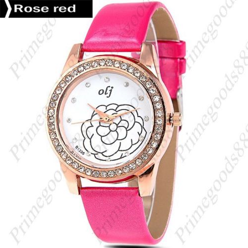 Round rhinestones pu leather analog quartz wrist wristwatch women&#039;s rose red for sale