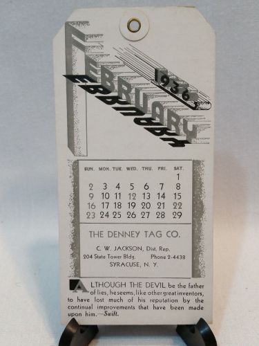 VINTAGE DENNEY TAG CO. FEBRUARY 1936 CALENDER MAILING TAG - FREE SHIPPING
