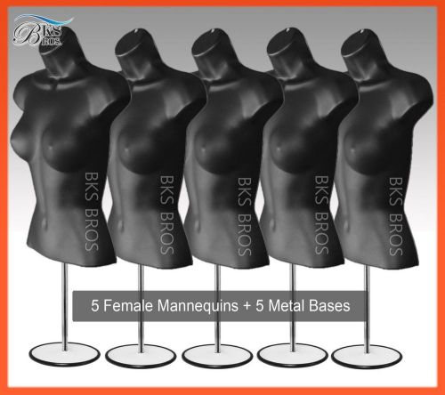 5pc BLACK Female Mannequin Torso w/Metal Stand+Hanging Hook Dress Form Woman NEW