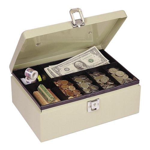Heavy-duty steel cash box w/7 compartments, latch lock, sand for sale
