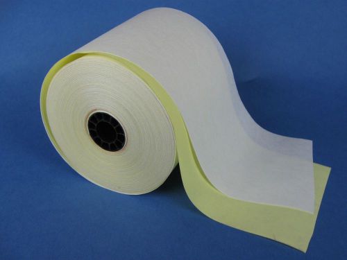 3&#034; (76mm) x 90&#039; 2-ply carbonless white/canary paper rolls - 1 case / 50 rolls for sale
