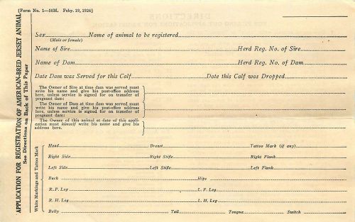 1926 APPLICATION FOR REGISTRATION OF AMERICAN-BRED JERSEY ANIMAL