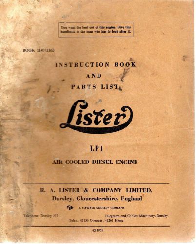 Lister LP1 Air Cooled Diesel Engine Instruction Book &amp; Parts List 1965 6944E