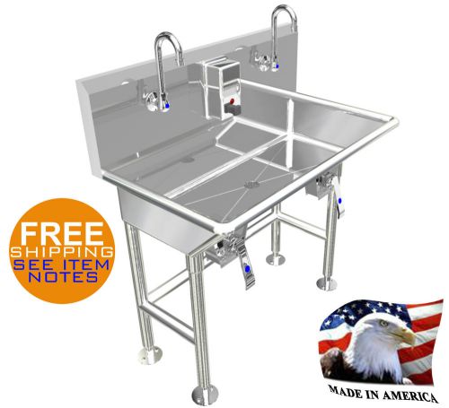 Hand sink 36&#034; 2 users 4 braced legs hands free basin stainless steel made in usa for sale
