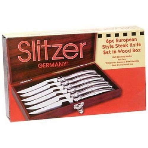 Slitzer Germany 6pc European-Style Steak Knife Set in Cherry Wood Box CTSZEBX6