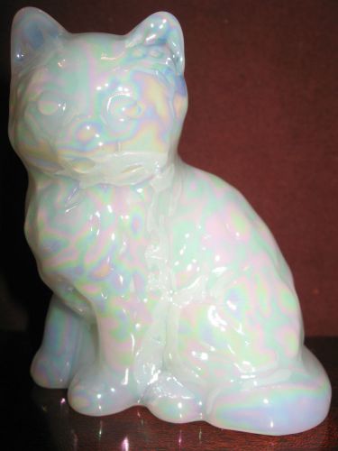 White milk carnival glass Cat Kitten paperweight / kitty iridescent art figurine