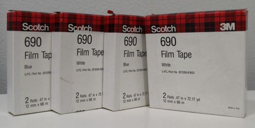 New Scotch 3M 690 Film Tape White / Blue 8 Rolls .47&#034; x 72.17 yrd +Free Shipping