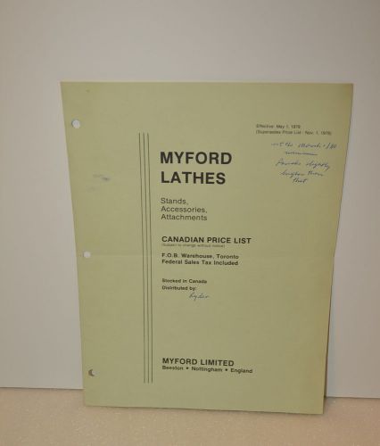 MYFORD LATHES STANDS ACCESSORIES ATTACHMENT PRICE LIST 1968-1976, 1979 1982 #016