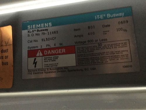 Siemens I-T-E XL-X Busway 800 Amp 600V 3PH 4W 10&#039; Section
