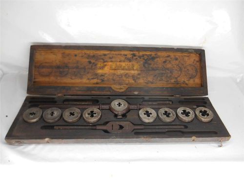 Old vtg little giant screw plate tap &amp; die set tool wood case greenfield mass. for sale