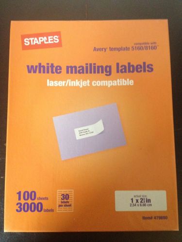STAPLES-3000 White Mailing Labels-1X2.5-100 Sheets-Compatible w Avery 5160/8160