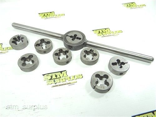 LOT OF 8 METRIC &amp; ROUND SPLIT DIES 3/8&#034; -16 UNC TO 18MMX2.5 WITH 1-1/2&#034; WRENCH