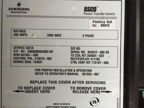 Asco 300 400 amp auto transfer switch nema 3r outdoor voltages 480/240/208 for sale