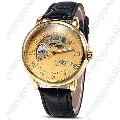 Round PU Leather See Through Gold Auto Mechanical Wrist Men&#039;s Wristwatch Black