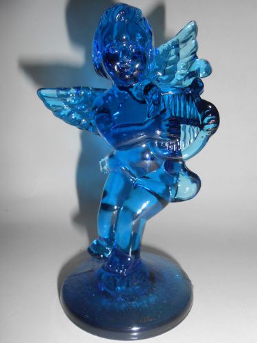 Blue art glass Angel Cupid figurine harp art teal green cherub paperweight aqua