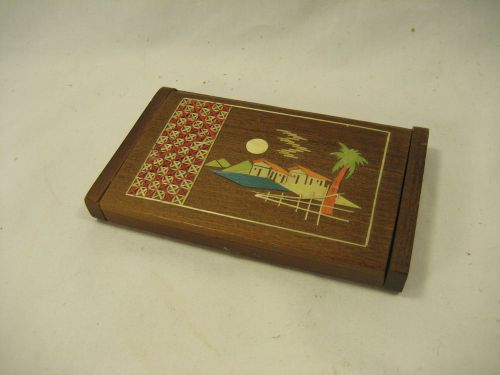 Wood with Bamboo Scene &amp; Accents Business Card Holder - Opens &amp; Closes