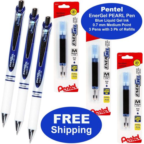 Pentel EnerGel Pearl, 0.7mm, Blue Liquid Gel Ink, 3 Pens with 3 Packs of Refills