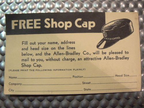 Vintage Allen-Bradley Promotional Advertising Post Card: Free Shop Cap (Hat)