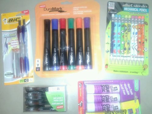 Pens pencils markers stick glues office school supplies bic zebra avery staples
